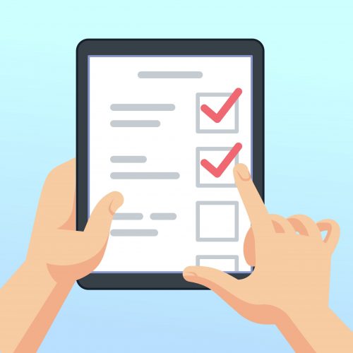 Hands holding tablet with online survey form, questionnaire. Mobile marketing feedback vector concept. Illustration of checklist and questionnaire list, tablet with feedback